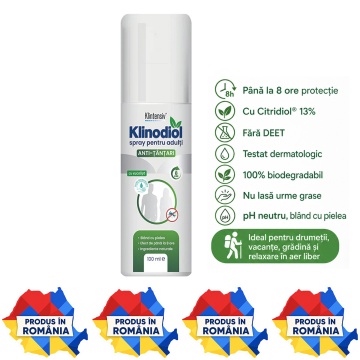 Spray anti țânțari adulți Klinodiol, repelent natural fără DEET, cu Citridiol 13%, protecție până la 8 ore împotriva țânțarilor și căpușelor, testat dermatologic, biodegradabil, 100 ml, 4x Stickere