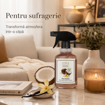 Spray Odorizant Loris Pafum Coco Vanille, 500 ml, pentru Cameră, Hol, Baie și Auto, Aromă de Cocos și Vanilie - Img 5