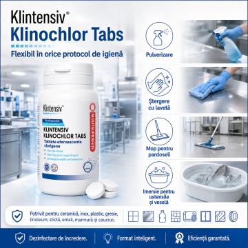 Tablete dezinfectante clor active Klintensiv Klinochlor Tabs, TP4, pentru suprafețe, pavimente, veselă și ustensile, spectru larg, bactericid, fungicid, virucid, 40 tablete, 4x Stickere - Img 6