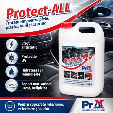 Tratament auto PRO X Protect-ALL, dressing pentru piele, plastic, vinil și cauciuc, efect antistatic, aspect mat satinat, protecție UV, hidratare și reînnoire suprafețe auto, 5 L, 4x Stickere - Img 2