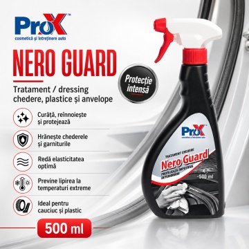 Tratament chedere și anvelope PRO X Nero Guard, dressing pentru cauciuc și plastic, curăță, hidratează, reînnoiește și protejează garnituri auto, chedere, plastice și anvelope, 500 ml, 4x Stickere - Img 2