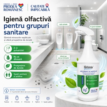 Absorbant de mirosuri Klintensiv, odorizant lichid profesional, gata de utilizare, pentru ghene, grupuri sanitare, holuri, case de scări și spații comune, neutralizează mirosuri persistente, 1 L, 4x Stickere - Img 4