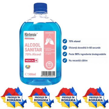Alcool sanitar 70% Klintensiv Professional, dezinfectant pentru mâini și suprafețe, etanol 70%, acțiune rapidă, fără clătire, bactericid, levuricid și fungicid, aviz biocid, 500 ml, 4x Stickere
