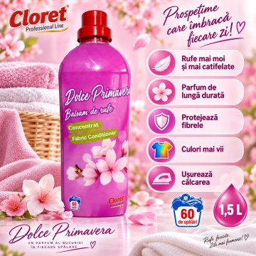 Balsam de Rufe Concentrat Cloret Dolce Primavera, Fabric Conditioner, 60 Spălări, Parfum Floral, Fabricat în România, 1.5L - Img 4