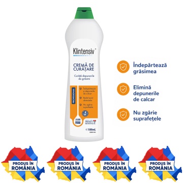 Cremă profesională de curățare Klintensiv, pentru inox, email, ceramică, sticlă și metale rezistente la acid, îndepărtează grăsimea, calcarul și murdăria, nu zgârie, 500 ml, 4x Stickere