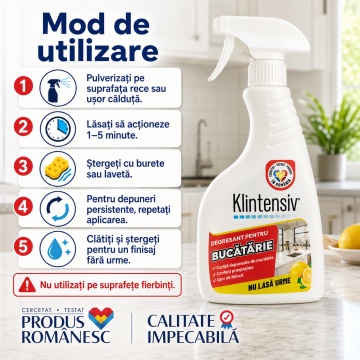 Degresant bucătărie Klintensiv, soluție profesională pentru grăsime arsă și murdărie persistentă, pentru hote, plite, cuptoare, grătare, tăvi, inox și suprafețe lavabile, 500 ml, 4x Stickere - Img 3