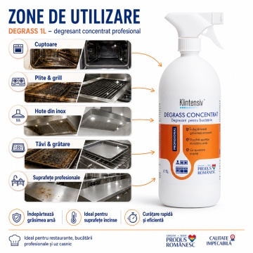 Degresant concentrat Klintensiv DEGRASS, pentru cuptoare, grătare, plite și suprafețe încinse, formulă alcalină profesională, îndepărtează grăsime arsă, proteine caramelizate și cruste persistente, 1 L, 4x Stickere - Img 2