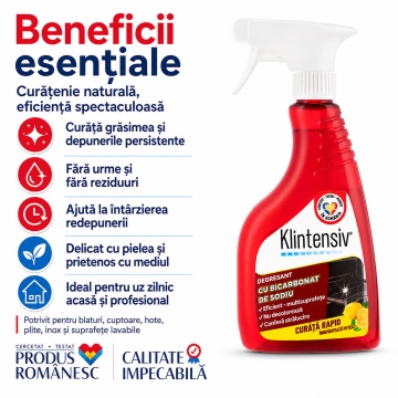 Degresant cu bicarbonat de sodiu Klintensiv, soluție profesională pentru grăsime arsă, pete și murdărie persistentă, fără parabeni, coloranți sau parfumuri artificiale, pentru bucătărie și suprafețe lavabile, 500 ml, 4x Stickere - Img 3