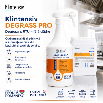 Degresant profesional Klintensiv DEGRASS Pro, gata de utilizare, pentru bucătării și spații de servire, curățare rapidă grăsimi și murdărie, fără clătire, peste 96% biodegradabil, 1 L, 4x Stickere - Img 3