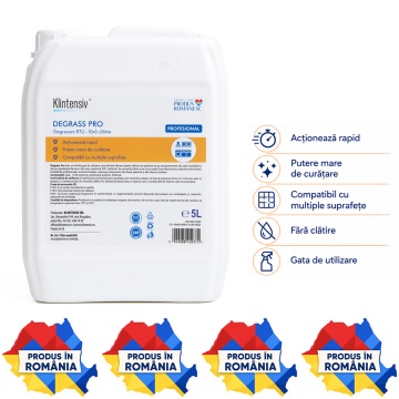 Degresant profesional Klintensiv DEGRASS Pro, soluție gata de utilizare pentru suprafețe dure, plastic, metal, lemn lăcuit, PAL melaminat, faianță, ceramică, marmură și granit, canistră 5 L, 4x Stickere
