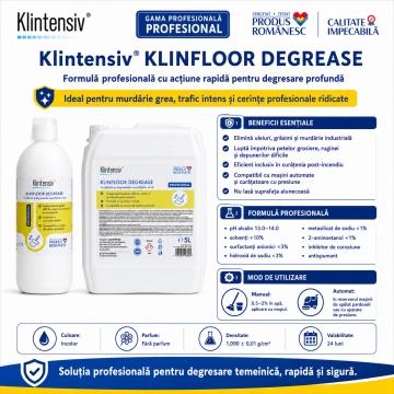 Degresant profesional pardoseli Klintensiv KLINFLOOR DEGREASE, concentrat alcalin, pentru hale industriale, ateliere, bucătării profesionale și industria alimentară, canistră 5 L, 4x Stickere - Img 6