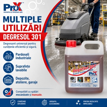 Degresant universal profesional PRO X Degresol 301, concentrat biodegradabil pentru industrie, pardoseli industriale, utilaje, motoare, piese mecanice, service-uri auto și ateliere, 2 L, 4x Stickere - Img 4