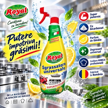 Degresant Universal Royal Hygiene Sgrassatore Universale cu Bicarbonat, Degresant Universal Super Puternic, Parfum Lămâie, Formulă Italiană, Curățare Profesională HoReCa, Fabricat în România, 750 ml - Img 4