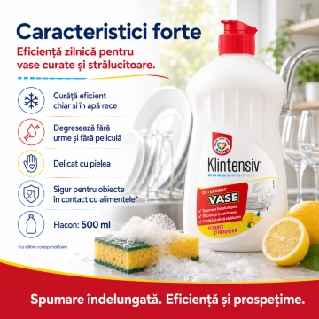 Detergent de vase Klintensiv, lichid concentrat pentru spălare manuală, degresare rapidă, eficient și în apă rece, pentru veselă, tacâmuri, pahare și ustensile, 500 ml, 4x Stickere - Img 4