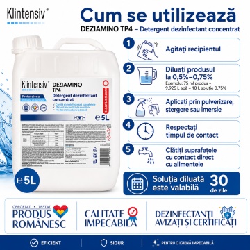Detergent dezinfectant concentrat DEZIAMINO, pentru suprafețe alimentare, ustensile, echipamente și pavimente, eficient în condiții de murdărie, canistră 5 L, 4x Stickere - Img 4