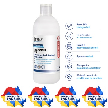 Detergent dezinfectant concentrat DEZIAMINO, TP4, pentru industria alimentară și HoReCa, bactericid, fungicid, levuricid și virucid, biodegradabil peste 90%, 1 L, 4x Stickere