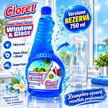 Detergent geamuri Cloret Window & Glass – Ocean Fresh (rezervă), 750 ml - Img 4