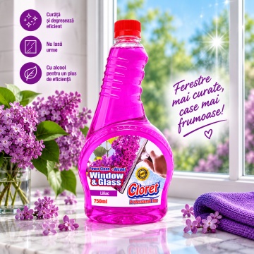 Detergent geamuri Cloret Window & Glass, Rezerva, Soluție Profesională pentru Geamuri și Sticlă, Power Clean + Alcool, Fabricat în România, Liliac, 750 ml