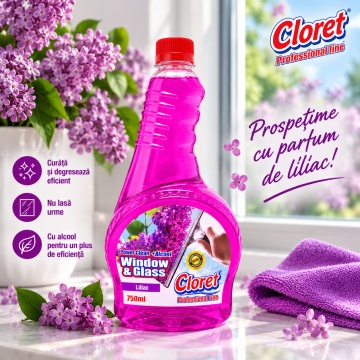 Detergent geamuri Cloret Window & Glass, Rezerva, Soluție Profesională pentru Geamuri și Sticlă, Power Clean + Alcool, Fabricat în România, Liliac, 750 ml - Img 4