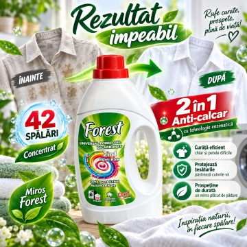 Detergent Lichid Automat Rufe Cloret Universal Power Forest, Gel Concentrat, 42 Spălări, 2 în 1 Anticalcar, Enzyme Technology, Parfum Forest, 1.5 L - Img 4