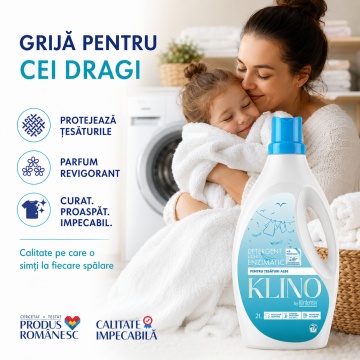 Detergent lichid enzimatic pentru rufe albe KLINO Klintensiv, eficient de la 20°C, fabricat in Romania, parfum revigorant, prospețime de durată, 57 spalari, 2 L, 4x Stickere - Img 5