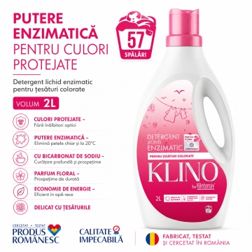 Detergent lichid enzimatic pentru rufe colorate KLINO Klintensiv, eficient de la 20°C, fabricat in Romania, parfum floral, prospetime de durata, 57 spalari, 2 L, 4x Stickere - Img 2