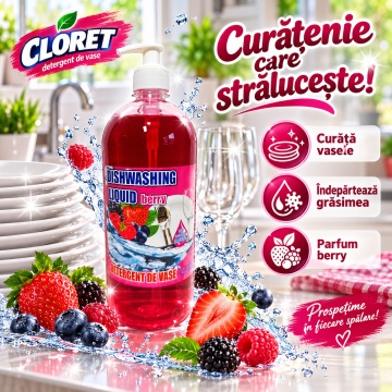 Detergent Lichid pentru Vase Cloret Dishwashing Liquid Citrus, Degresare și Curățare Eficientă, Aromă Berry, 1 L - Img 4