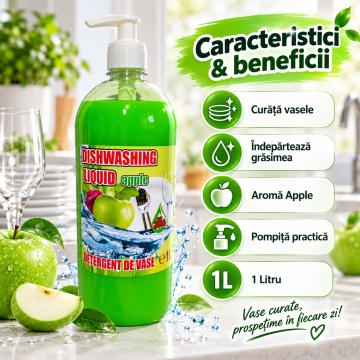 Detergent Lichid pentru Vase Cloret Dishwashing Liquid Citrus, Degresare și Curățare Eficientă, Aromă Apple, 1 L - Img 4