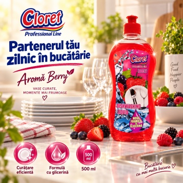 Detergent Lichid pentru Vase Cloret Dishwashing Liquid Citrus, Degresare și Curățare Eficientă, Aromă Berry, 500 ml - Img 4