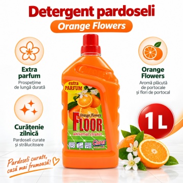 Detergent Pardoseli Cloret Flori de Portocal, Curățare Zilnică, Fără Clătire, pentru Mop și Lavetă, Parfum Floral Proaspăt, Fabricat în România, 1 L