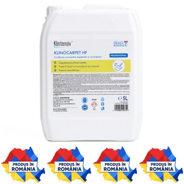 Detergent profesional covoare și tapițerii Klintensiv KLINOCARPET HF, concentrat pentru șamponare, mochetă, covoare, textile și spații cu trafic intens, canistră 5 L, 4x Stickere