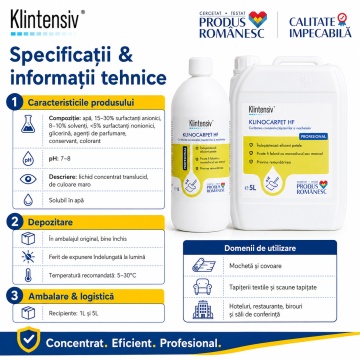 Detergent profesional covoare și tapițerii Klintensiv KLINOCARPET HF, concentrat pentru șamponare, mochetă, covoare, textile și spații cu trafic intens, canistră 5 L, 4x Stickere - Img 6
