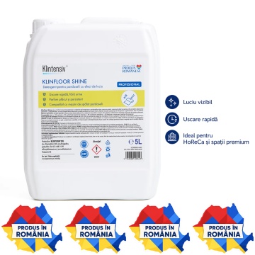 Detergent profesional pardoseli Klintensiv KLINFLOOR SHINE, concentrat cu efect de luciu, parfum remanent, spumare redusă, pentru mop și mașini de curățat pardoseli, canistră 5 L, 4x Stickere