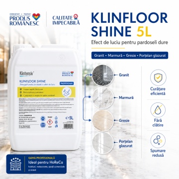 Detergent profesional pardoseli Klintensiv KLINFLOOR SHINE, concentrat cu efect de luciu, parfum remanent, spumare redusă, pentru mop și mașini de curățat pardoseli, canistră 5 L, 4x Stickere - Img 6