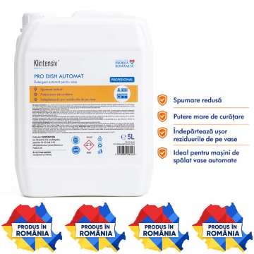 Detergent profesional pentru mașini de spălat vase Klintensiv PRO DISH, alcalin, concentrat, degresant puternic, anti-calcar, fără parfum, pentru HoReCa și bucătării colective, 5 L, 4x Stickere