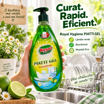 Detergent Vase Profesional Concentrat Royal Hygiene Piatti Gel Concentrato Lămâie Verde, cu Bicarbonat și Mușețel, Formulă Eco Italiană, Fabricat în România, 800 ml - Img 4