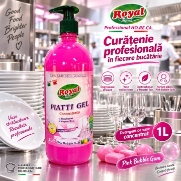 Detergent Vase Profesional Concentrat Royal Hygiene Piatti Gel Concentrato Bubble Gum, Concentrat HoReCa, cu Bicarbonat și Mușețel, Formulă Eco Italiană, Fabricat în România, 1 L - Img 4