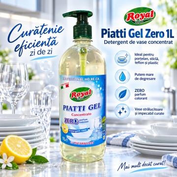 Detergent Vase Profesional Concentrat Royal Hygiene Piatti Zero, Concentrat HoReCa, Fără Parfum și Coloranți, cu Bicarbonat și Mușețel, Formulă Eco Italiană, Fabricat în România, 1 L