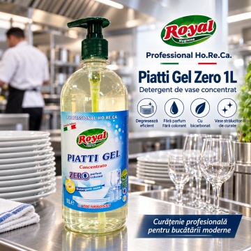 Detergent Vase Profesional Concentrat Royal Hygiene Piatti Zero, Concentrat HoReCa, Fără Parfum și Coloranți, cu Bicarbonat și Mușețel, Formulă Eco Italiană, Fabricat în România, 1 L - Img 4