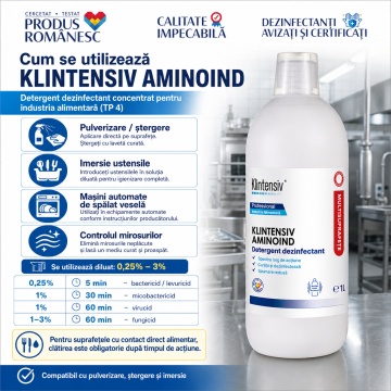 Dezinfectant detergent concentrat Klintensiv Aminoind, pentru industria alimentară, TP4, curățare și dezinfecție, bactericid și levuricid în 5 minute, film protector, 1 L, 4x Stickere - Img 4