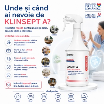 Dezinfectant mâini și piele Klinsept A, hidroalcoolic, 85% etanol, fără clătire, testat dermatologic, pentru dezinfectare igienică și chirurgicală, 1 L, 4x Stickere - Img 4