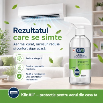 Dezinfectant pentru Aer Condiționat KlinAll Klintensiv, soluție gata de utilizare, bactericidă, fungicidă, levuricidă, micobactericidă și virucidă, pentru unități interioare A/C, 500 ml, 4x Stickere - Img 6