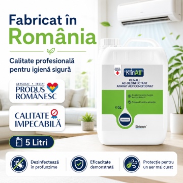 Dezinfectant pentru Aer Condiționat KlinAll Klintensiv, soluție gata de utilizare, bactericidă, fungicidă, levuricidă, micobactericidă și virucidă, pentru unități interioare A/C, 5 L, 4x Stickere auto - Img 6