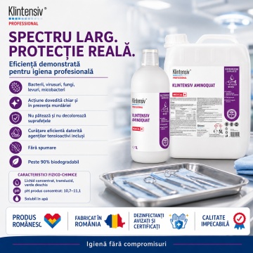 Dezinfectant profesional concentrat Klintensiv Aminoquat, pentru spitale, clinici, ambulanțe, cabinete stomatologice, saloane și instituții, biodegradabil peste 90%, canistră 5 L, 4x Stickere - Img 3