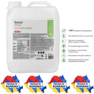 Dezinfectant profesional pentru nebulizare Desogen Aero Klintensiv, dezinfecție suprafețe pe cale aeriană, fără clătire și fără ștergere, pentru spitale, clinici, laboratoare, ambulanțe și centre de triaj, 5 L, 4x Stickere