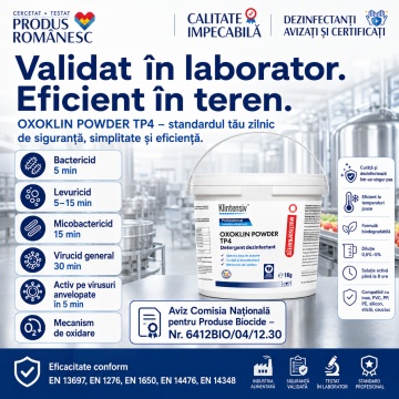Dezinfectant pulbere Oxoklin Powder, TP4, pentru suprafețe și ustensile industria alimentară, generează acid peracetic, bactericid, levuricid, virucid și micobactericid, cu lingură dozatoare, 4x Stickere - Img 4