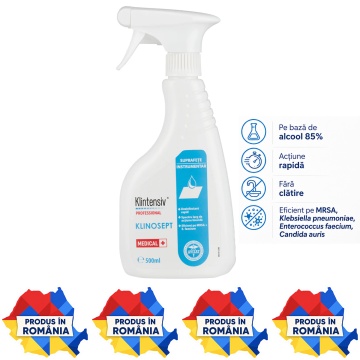 Dezinfectant rapid suprafețe Klinosept Klintensiv Professional, pe bază de alcool 85%, bactericid, levuricid, fungicid, virucid, micobactericid și tuberculocid, fără clătire, aviz biocid, 500 ml, 4x Stickere