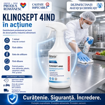 Dezinfectant suprafețe alimentare Klinosept 4Ind, soluție profesională cu 85% etanol, fără clătire, bactericid, fungicid, virucid și micobactericid, HoReCa, 1 L, 4x Stickere - Img 3