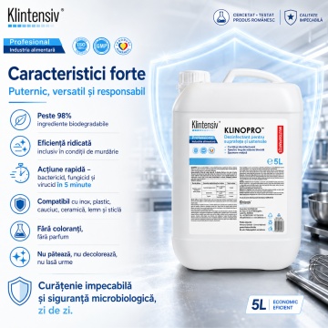 Dezinfectant suprafețe și pavimente Klinopro, soluție profesională pentru HoReCa, bucătării industriale, depozite alimentare și pavimente, bactericid, fungicid, virucid, canistră 5 L, 4x Stickere - Img 3