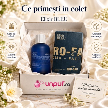 Ce primești în colet Elixir Bleu Aro-Fac Lazuli parfum bărbați ambalat premium